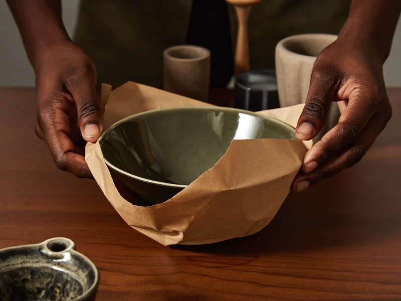 Hände packen eine Keramikschale aus Kraftpapier und recyceltem Verpackungsmaterial aus